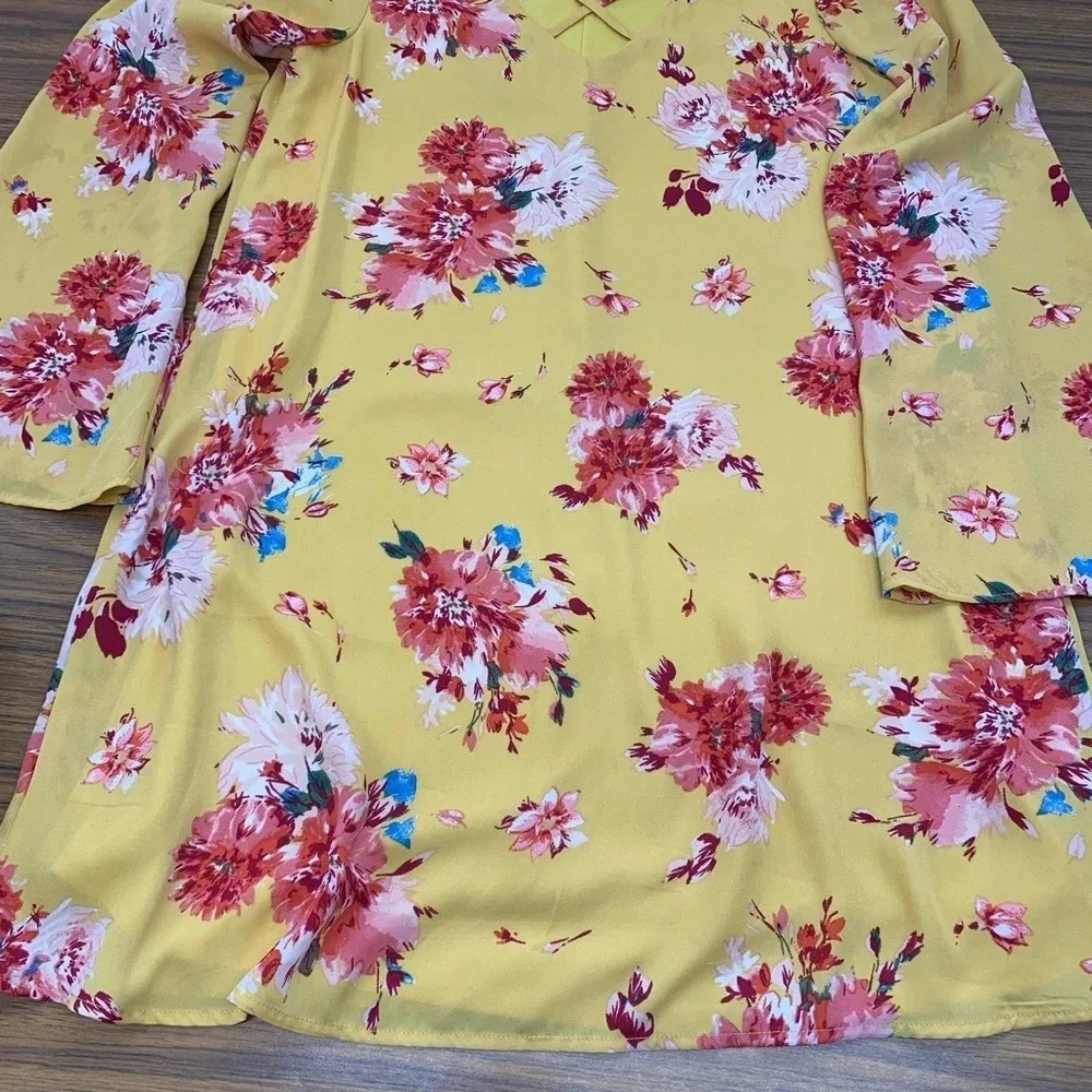 AUW Floral Short Dress Small Yellow Red‎ Sheer Lined Long Bell Sleeve  Key Hole - Picture 8 of 13